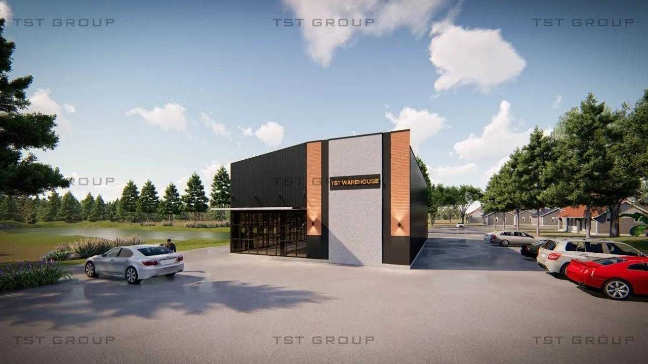 ตัวอย่างงานออกแบบอาคารเหล็กสำเร็จรูป โกดังสำเร็จรูป ระบบ PEB | TST GROUP