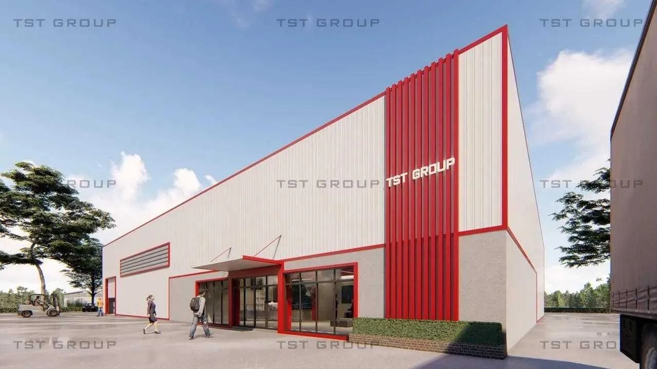 ตัวอย่างงานออกแบบอาคารเหล็กสำเร็จรูป โกดังสำเร็จรูป ระบบ PEB | TST GROUP